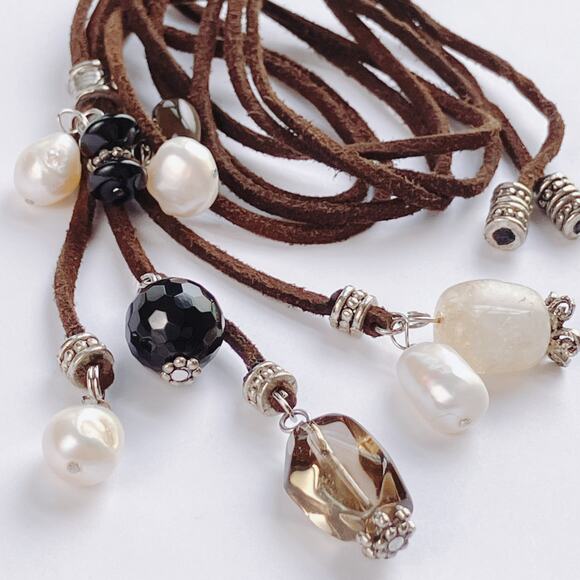 VTG Gemstone Freshwater Pearls Long Necklace Spinel Quartz Tourmaline Suede Boho - Picture 7 of 12